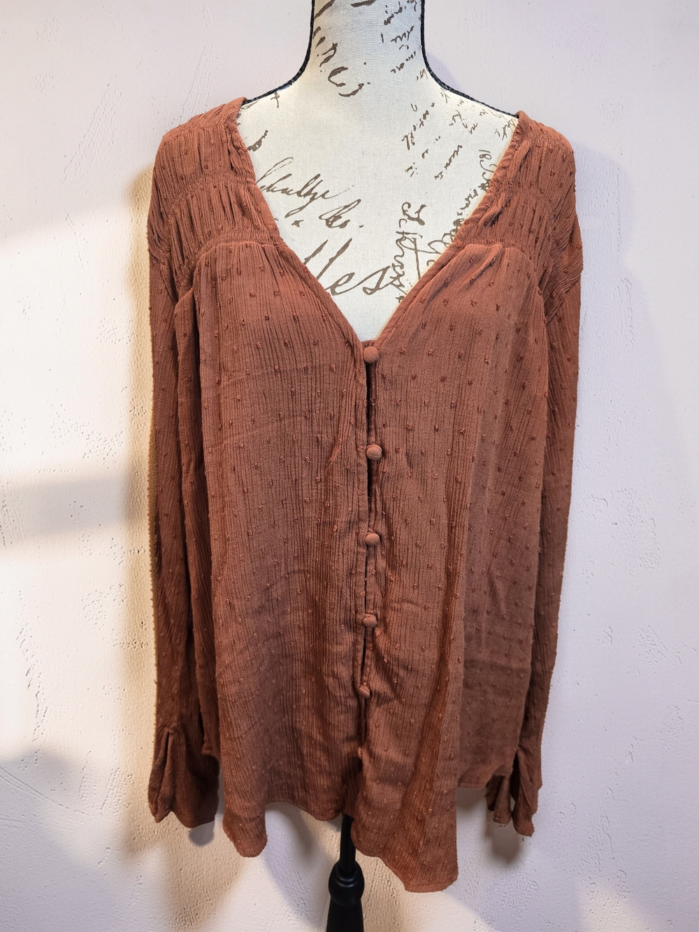 Torrid Boho Rust Orange Swiss Dot Textured Blouse - Size 2